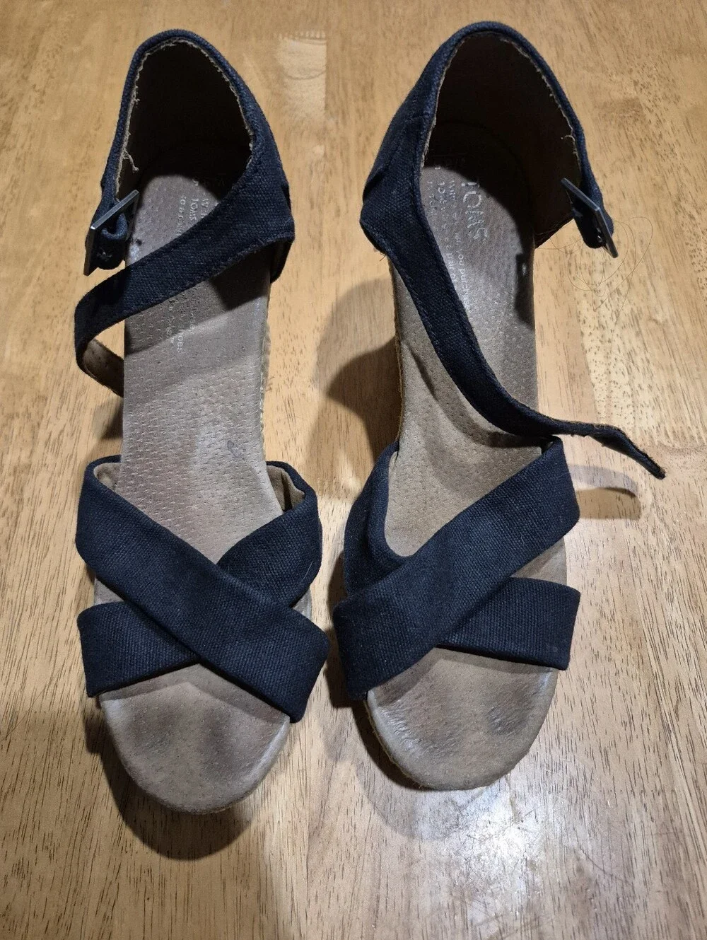 Toms Black Espadrille Wedge Sandals with Ankle Strap